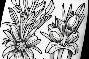 An arm tattoo of flower arrangement with tulips, lilies and poppies. tattoo idea