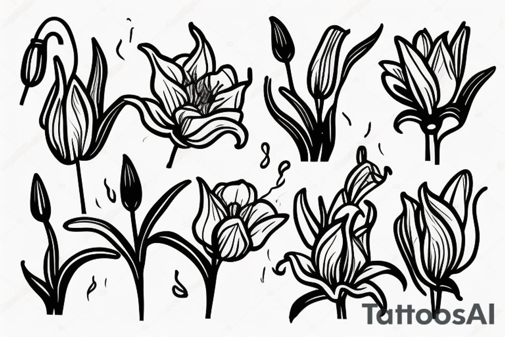 An arm tattoo of flower arrangement with tulips, lilies and poppies. tattoo idea