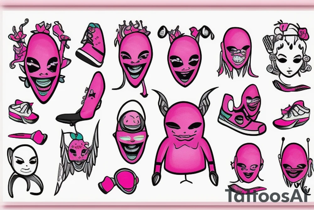 Pink girl alien with bossy attitude and wearing sneakers tattoo idea