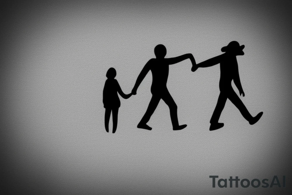 2 shadows of 2 people, hand in hand, seen from behind. tattoo idea