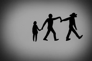 2 shadows of 2 people, hand in hand, seen from behind. tattoo idea