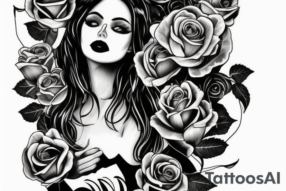 Portrait woman with Rose and skull tattoo idea