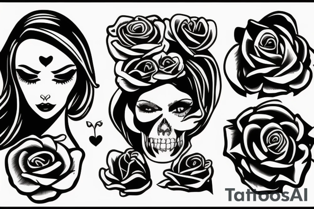 Portrait woman with Rose and skull tattoo idea