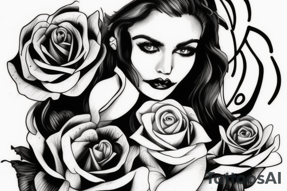 Portrait woman with Rose and skull tattoo idea