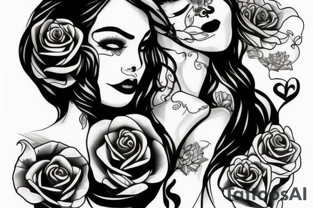 Portrait woman with Rose and skull tattoo idea