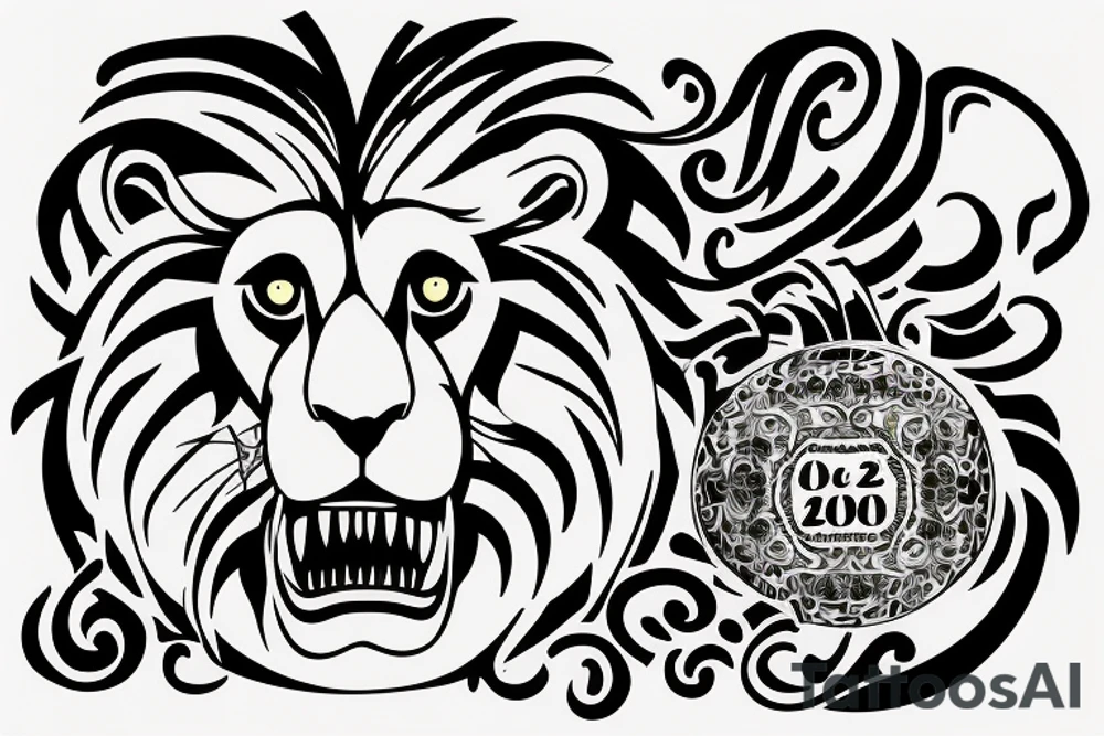 a lion with the date of the 06.08.2003 in roman letters beneath it tattoo idea