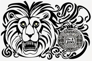 a lion with the date of the 06.08.2003 in roman letters beneath it tattoo idea