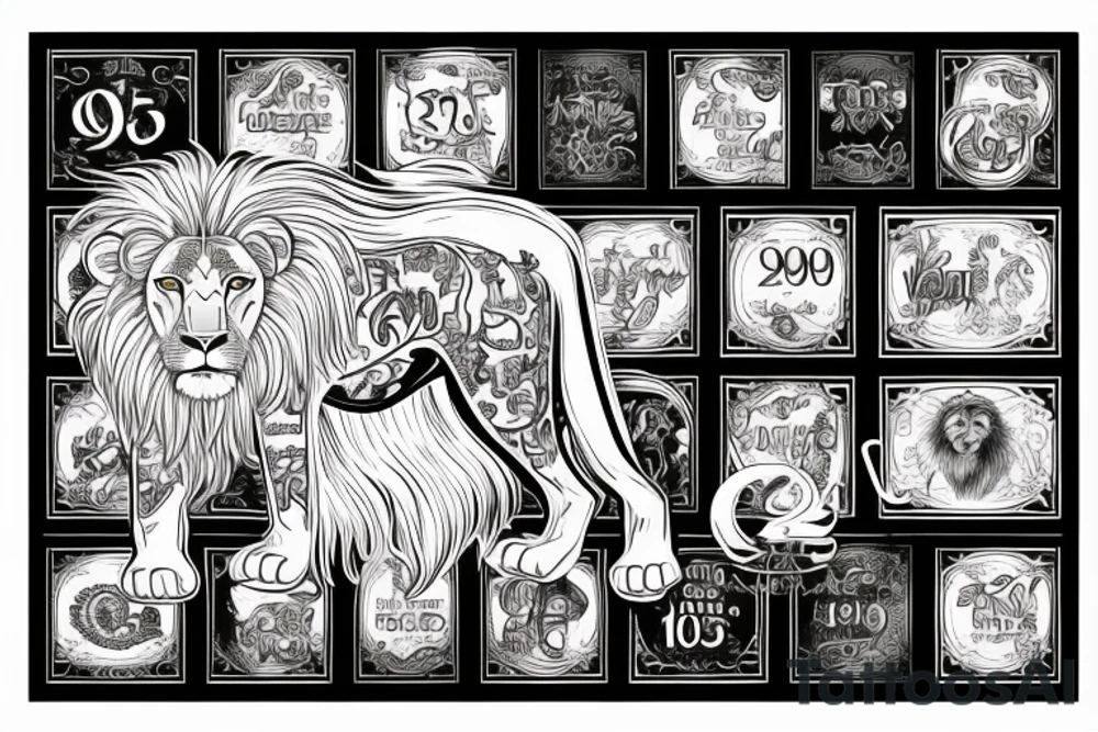 a lion with the date of the 06.08.2003 in roman letters beneath it tattoo idea