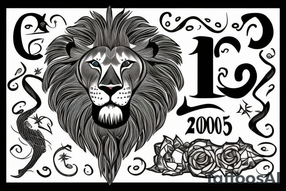 a lion with the date of the 06.08.2003 in roman letters beneath it tattoo idea