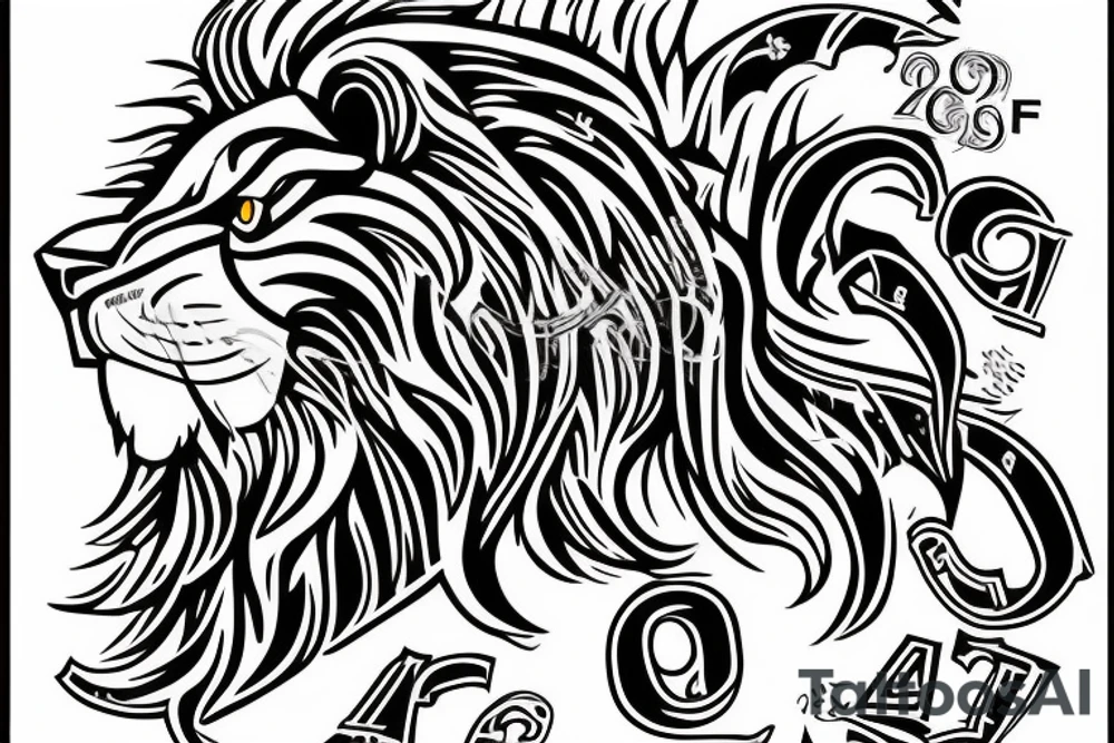 a lion with the date of the 06.08.2003 in roman letters beneath it tattoo idea