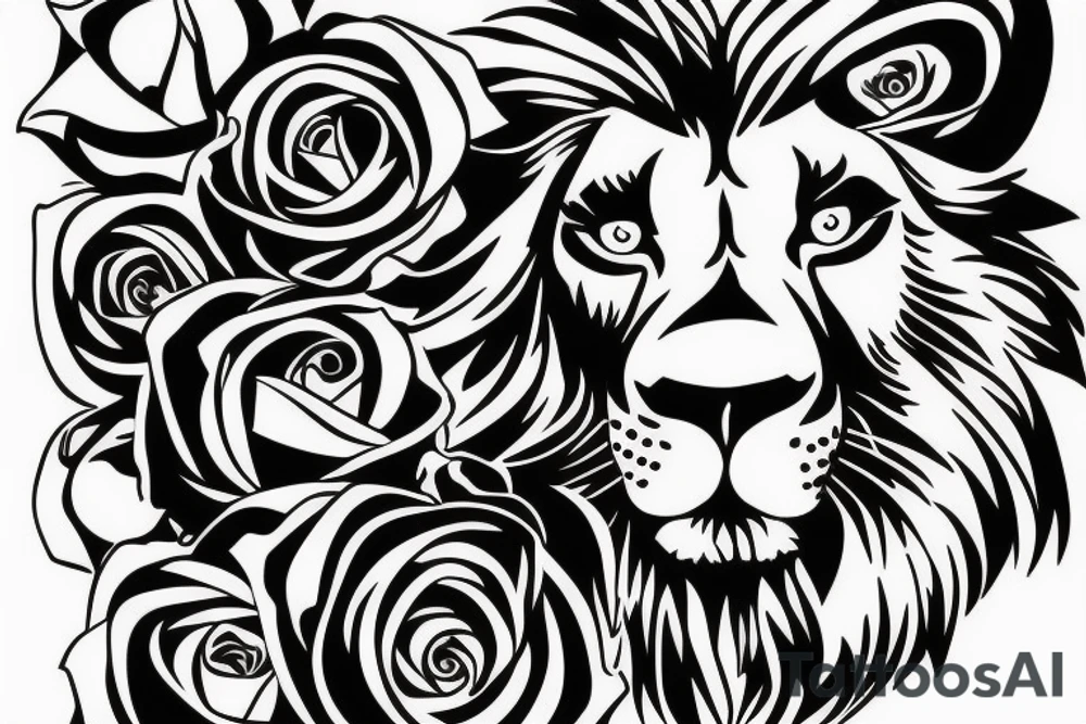 A lion with rose around him. tattoo idea