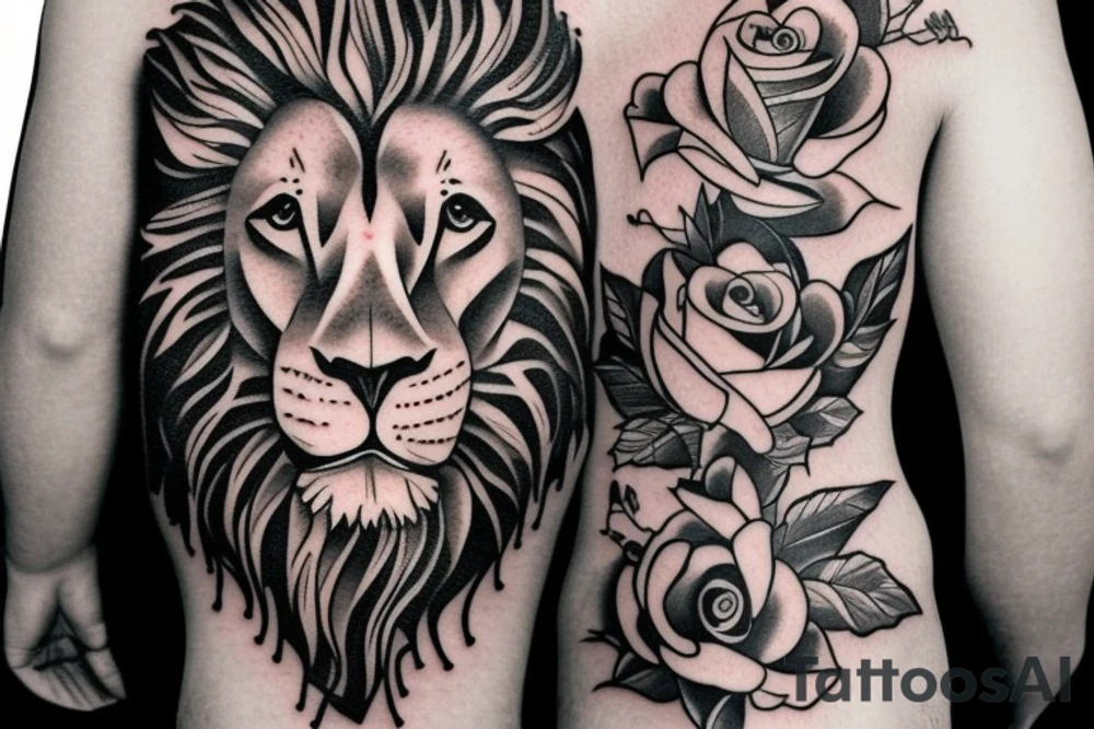 A lion with rose around him. tattoo idea