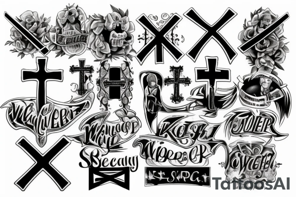 SLIM REAPER all capital letters in the shape of a upside down cross tattoo idea