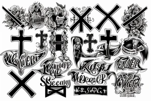SLIM REAPER all capital letters in the shape of a upside down cross tattoo idea