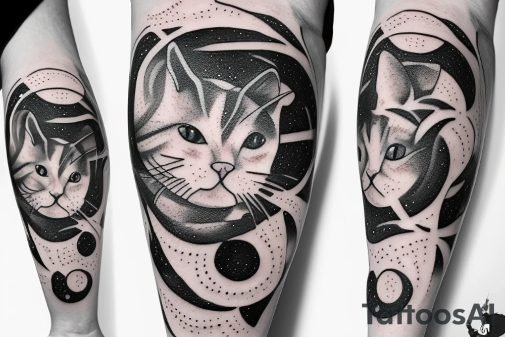 Cat on a pencil in the galaxy in a shape of fibonacci sequence tattoo idea