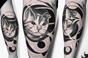 Cat on a pencil in the galaxy in a shape of fibonacci sequence tattoo idea