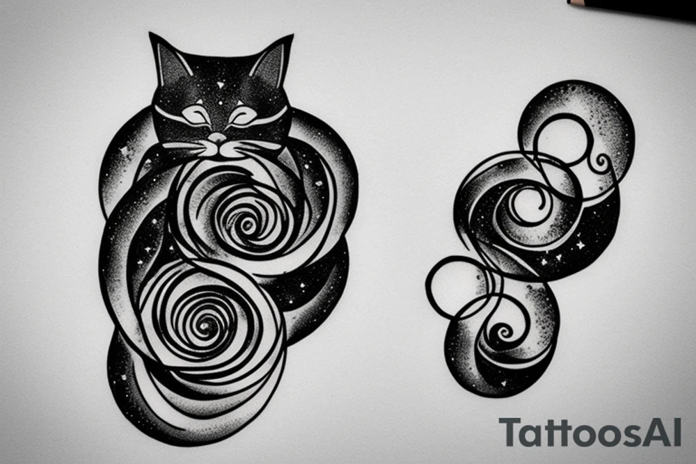 Cat on a pencil in the galaxy in a shape of fibonacci sequence tattoo idea