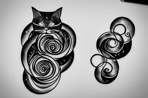 Cat on a pencil in the galaxy in a shape of fibonacci sequence tattoo idea