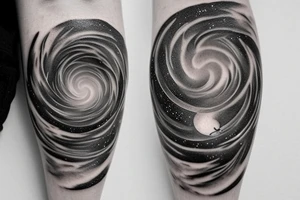 Cat on a pencil in the galaxy in a shape of fibonacci sequence tattoo idea