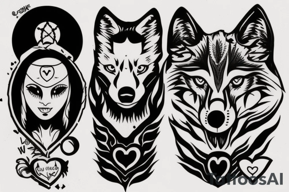 Tattoo design that features the song title "Wolf Like Me" by the band "TV on the Radio" using icons in the style of the "Love, Death + Robots" TV series tattoo idea