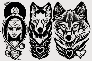 Tattoo design that features the song title "Wolf Like Me" by the band "TV on the Radio" using icons in the style of the "Love, Death + Robots" TV series tattoo idea