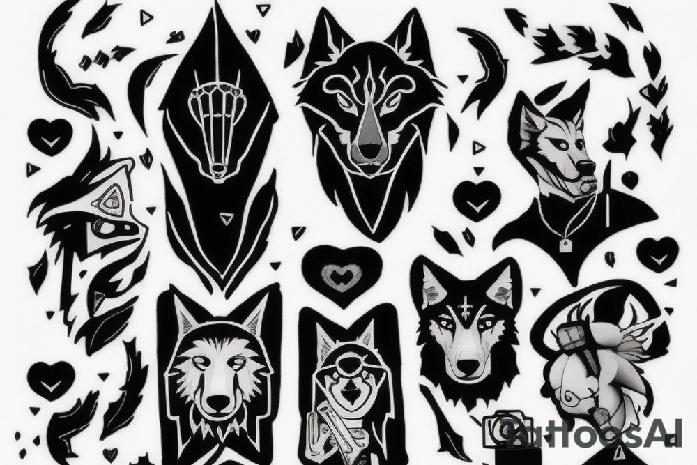 Tattoo design that features the song title "Wolf Like Me" by the band "TV on the Radio" using icons in the style of the "Love, Death + Robots" TV series tattoo idea