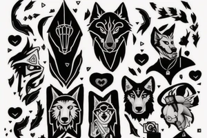 Tattoo design that features the song title "Wolf Like Me" by the band "TV on the Radio" using icons in the style of the "Love, Death + Robots" TV series tattoo idea