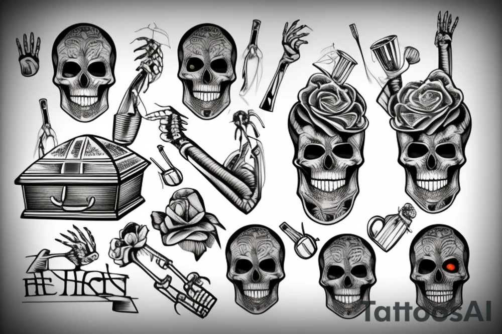 Traditional coffin with Skeleton hand coming out holding a cocktail tattoo idea