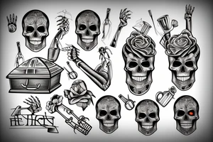 Traditional coffin with Skeleton hand coming out holding a cocktail tattoo idea
