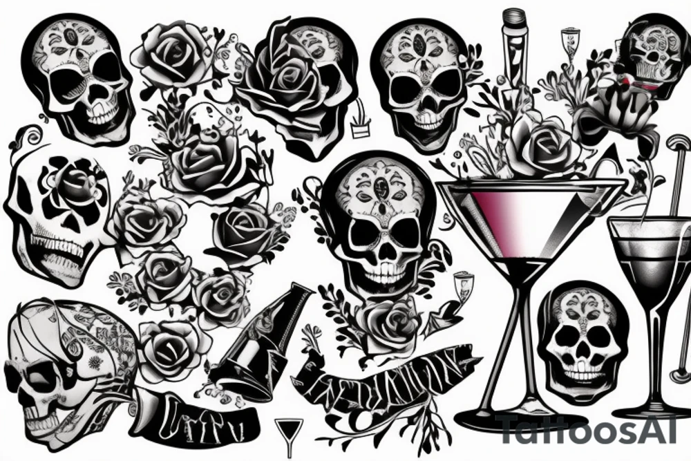 Traditional coffin with Skeleton hand coming out holding a cocktail tattoo idea