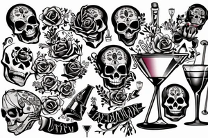 Traditional coffin with Skeleton hand coming out holding a cocktail tattoo idea