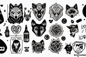 Tattoo design that features the song title "Wolf Like Me" by the band "TV on the Radio" using icons in the style of the "Love, Death + Robots" TV series tattoo idea
