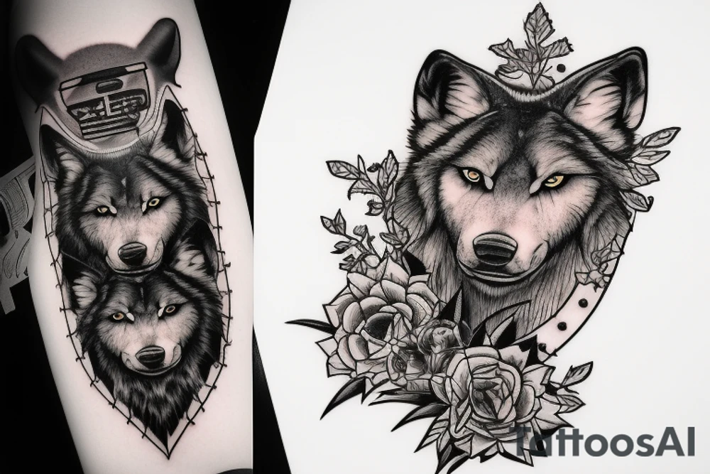 Tattoo design that features the song title "Wolf Like Me" by the band "TV on the Radio" using icons in the style of the "Love, Death + Robots" TV series tattoo idea