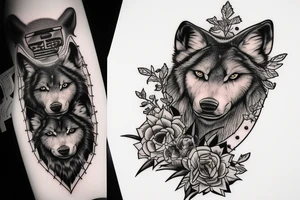 Tattoo design that features the song title "Wolf Like Me" by the band "TV on the Radio" using icons in the style of the "Love, Death + Robots" TV series tattoo idea