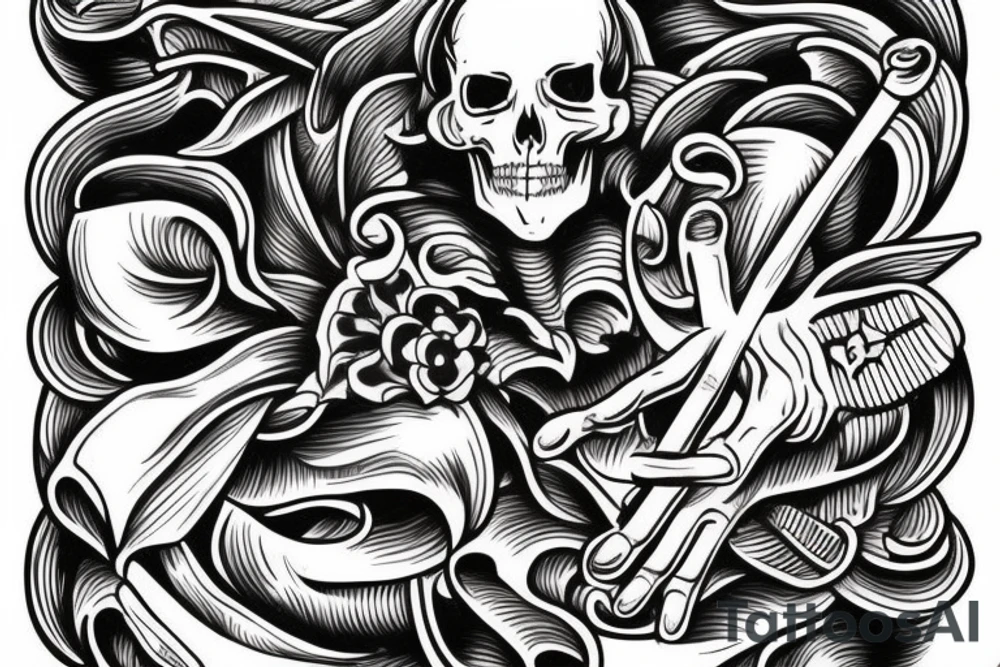 Traditional coffin Skeleton hand coming out holding a cocktail tattoo idea