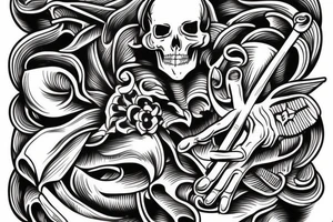 Traditional coffin Skeleton hand coming out holding a cocktail tattoo idea