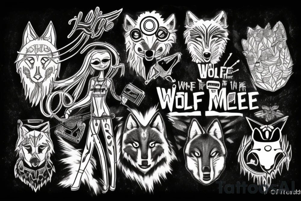 Tattoo design that features the song title "Wolf Like Me" by the band "TV on the Radio" using icons in the style of the "Love, Death + Robots" TV series tattoo idea