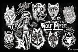 Tattoo design that features the song title "Wolf Like Me" by the band "TV on the Radio" using icons in the style of the "Love, Death + Robots" TV series tattoo idea