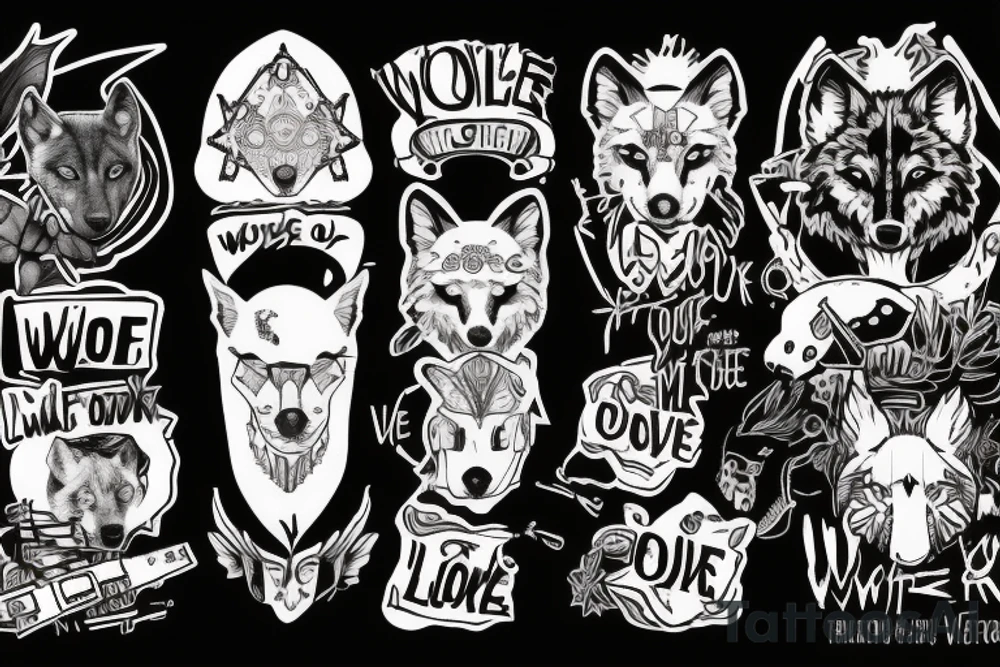 Tattoo design that features the song title "Wolf Like Me" by the band "TV on the Radio" using icons in the style of the "Love, Death + Robots" TV series tattoo idea