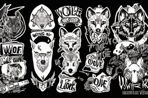 Tattoo design that features the song title "Wolf Like Me" by the band "TV on the Radio" using icons in the style of the "Love, Death + Robots" TV series tattoo idea