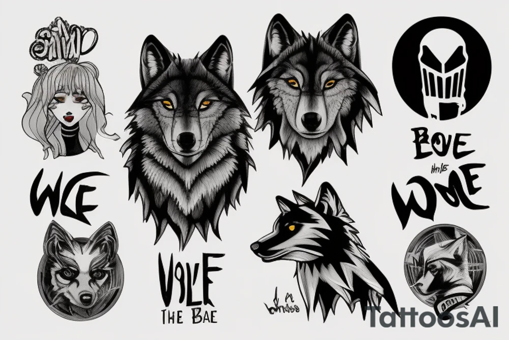 Tattoo design that features the song title "Wolf Like Me" by the band "TV on the Radio" using icons in the style of the "Love, Death + Robots" TV series tattoo idea