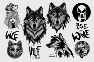 Tattoo design that features the song title "Wolf Like Me" by the band "TV on the Radio" using icons in the style of the "Love, Death + Robots" TV series tattoo idea