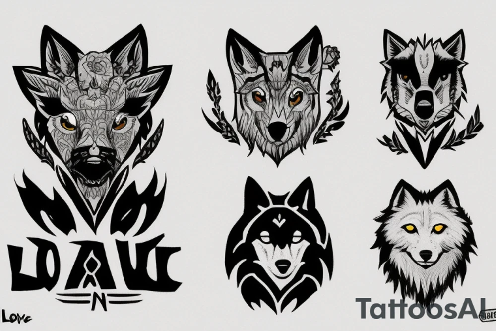Tattoo design that features the song title "Wolf Like Me" by the band "TV on the Radio" using icons in the style of the "Love, Death + Robots" TV series tattoo idea