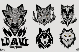 Tattoo design that features the song title "Wolf Like Me" by the band "TV on the Radio" using icons in the style of the "Love, Death + Robots" TV series tattoo idea