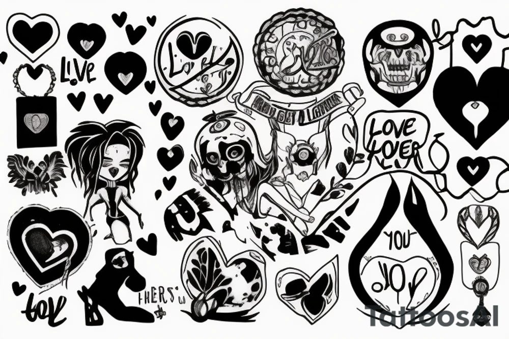 "Live your heart and never follow" using symbols in the style of the "Love, Death + Robots" TV sries tattoo idea