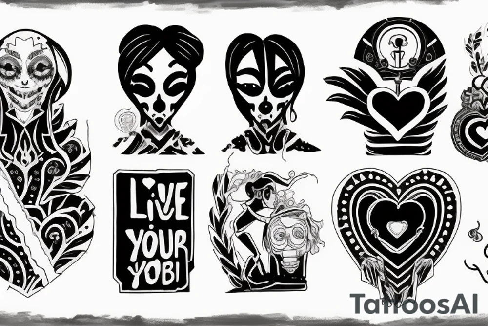 "Live your heart and never follow" using symbols in the style of the "Love, Death + Robots" TV sries tattoo idea