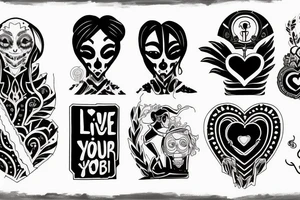 "Live your heart and never follow" using symbols in the style of the "Love, Death + Robots" TV sries tattoo idea