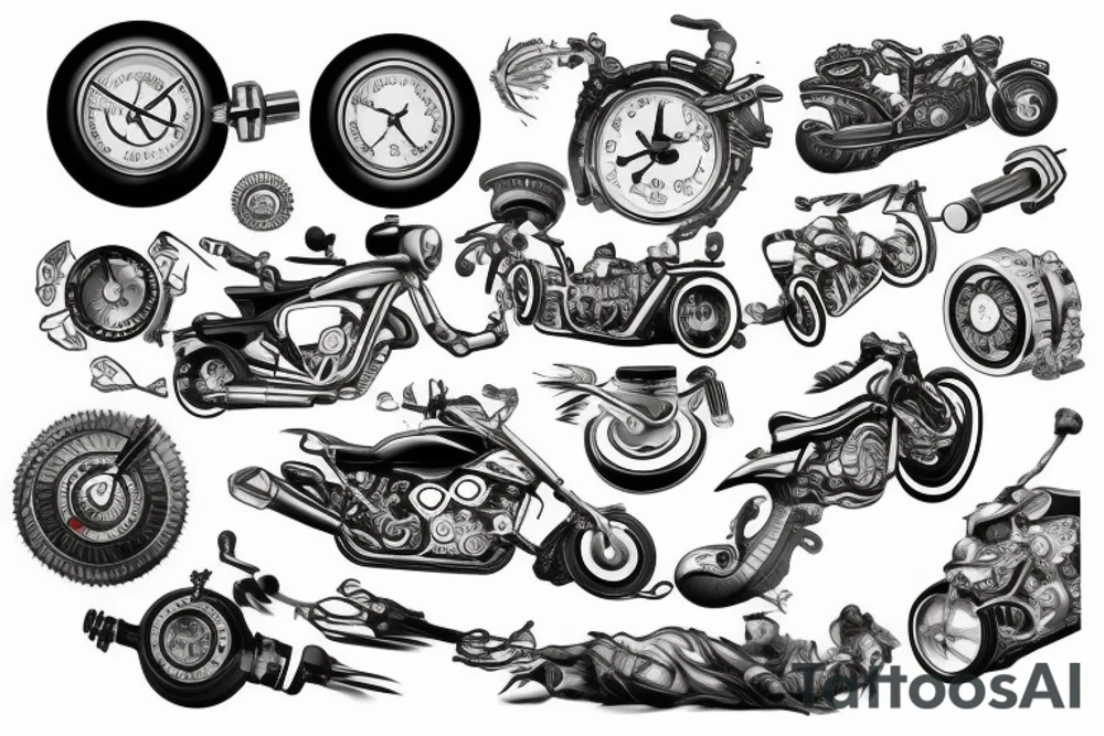 Full arm mechanics style tattoo
Combustion engine, speedometer, spark plug tattoo idea