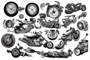 Full arm mechanics style tattoo
Combustion engine, speedometer, spark plug tattoo idea