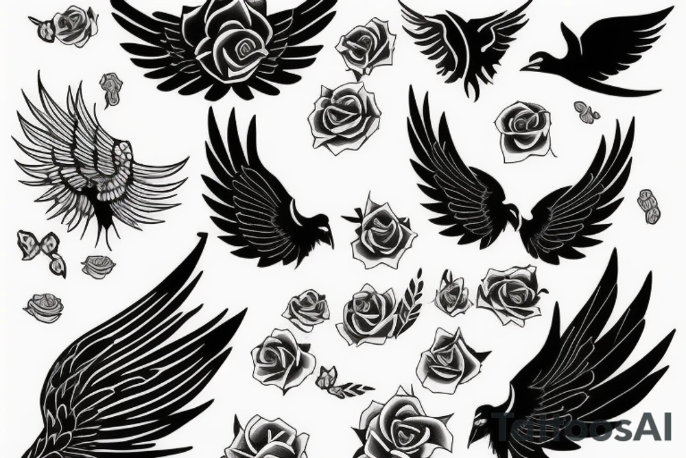 y AND m + ROSE AND WINGS tattoo idea